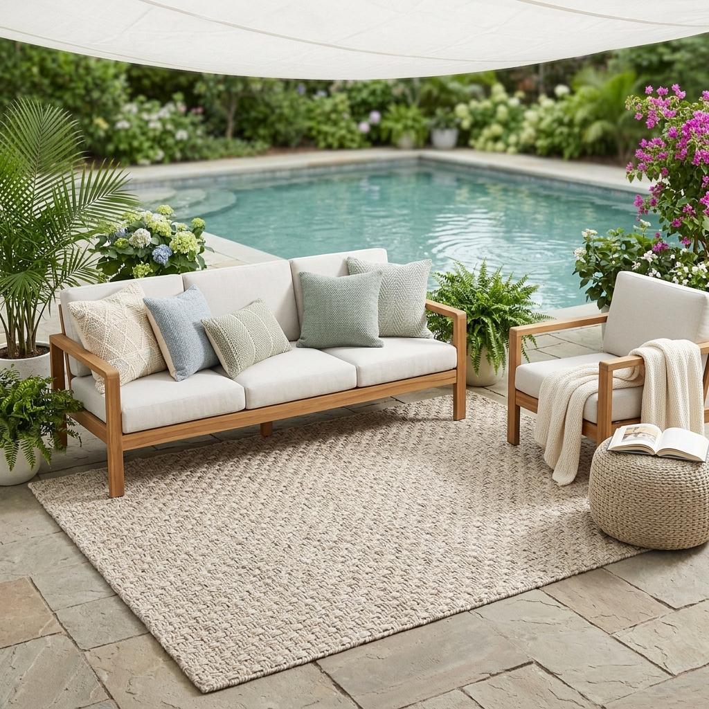 Beige woven area rug on outdoor patio with seating and pool backdrop