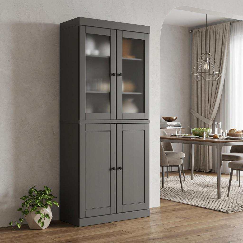 72" Gray Solid Wood Four Door Pantry Or Storage Closet - Kitchen & Dining
