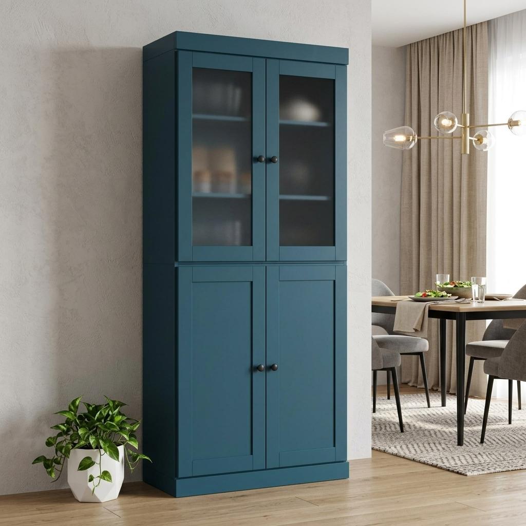 Teal blue pantry cabinet with glass upper doors and solid lower doors, black knobs