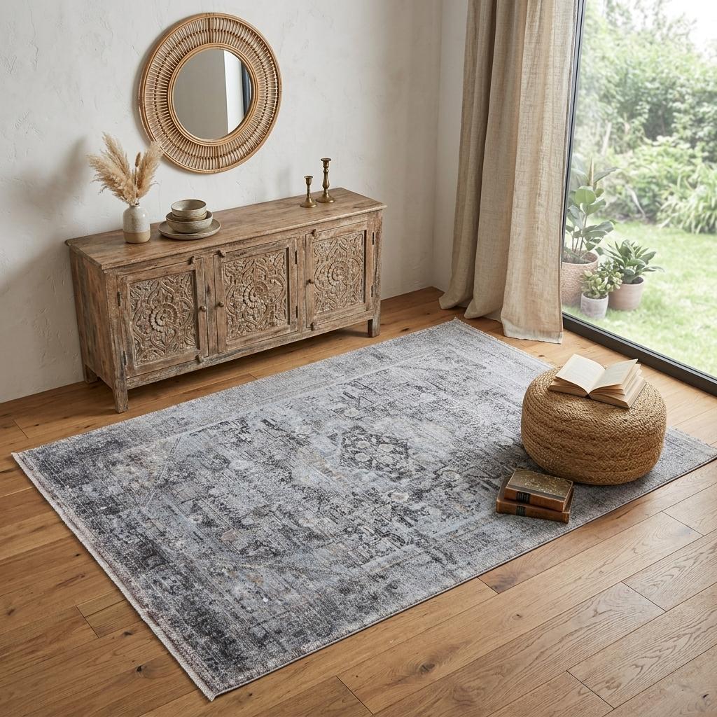 4' X 5' Gray and Silver Oriental Power Loom Worn Faded Area Rug - Home & Garden