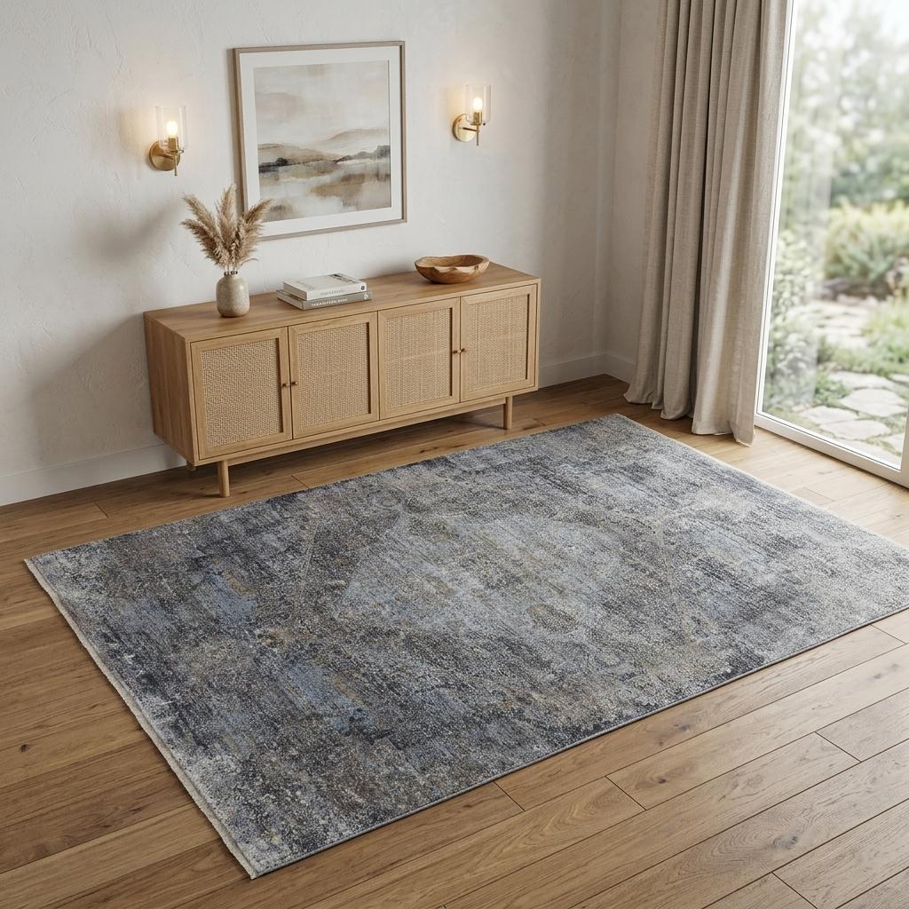 4' X 5' Gray and Silver Abstract Power Loom Worn Faded Area Rug - Home & Garden