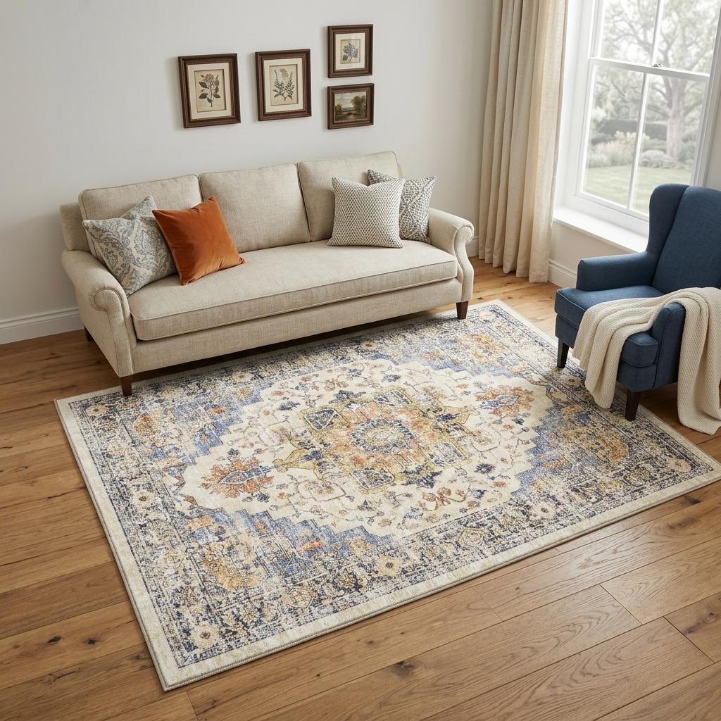 5' X 7' Ivory Blue And Orange Medallion Washable Area Rug - Home & Garden