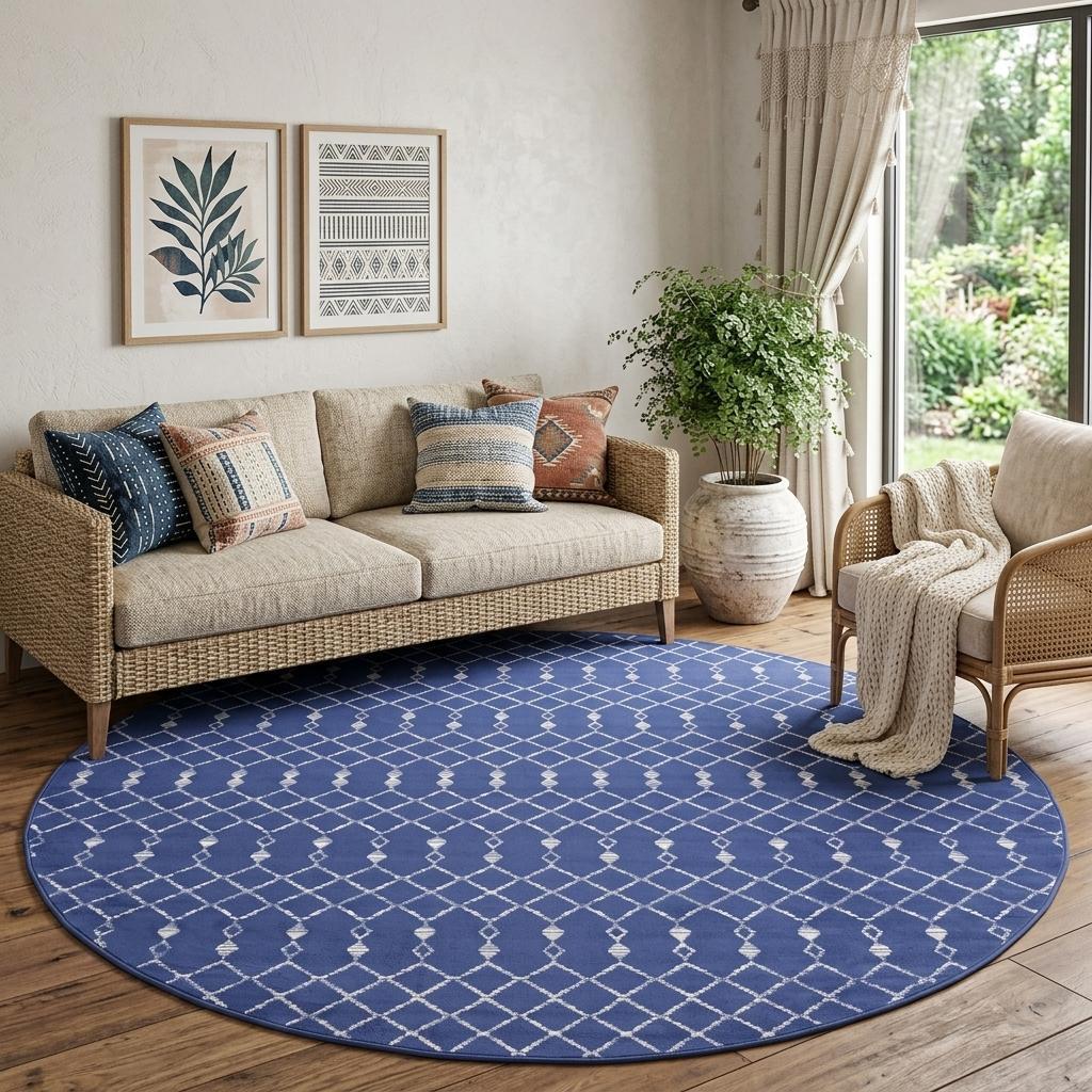 8' Navy Blue and Ivory Geometric Round Rug - Home & Garden