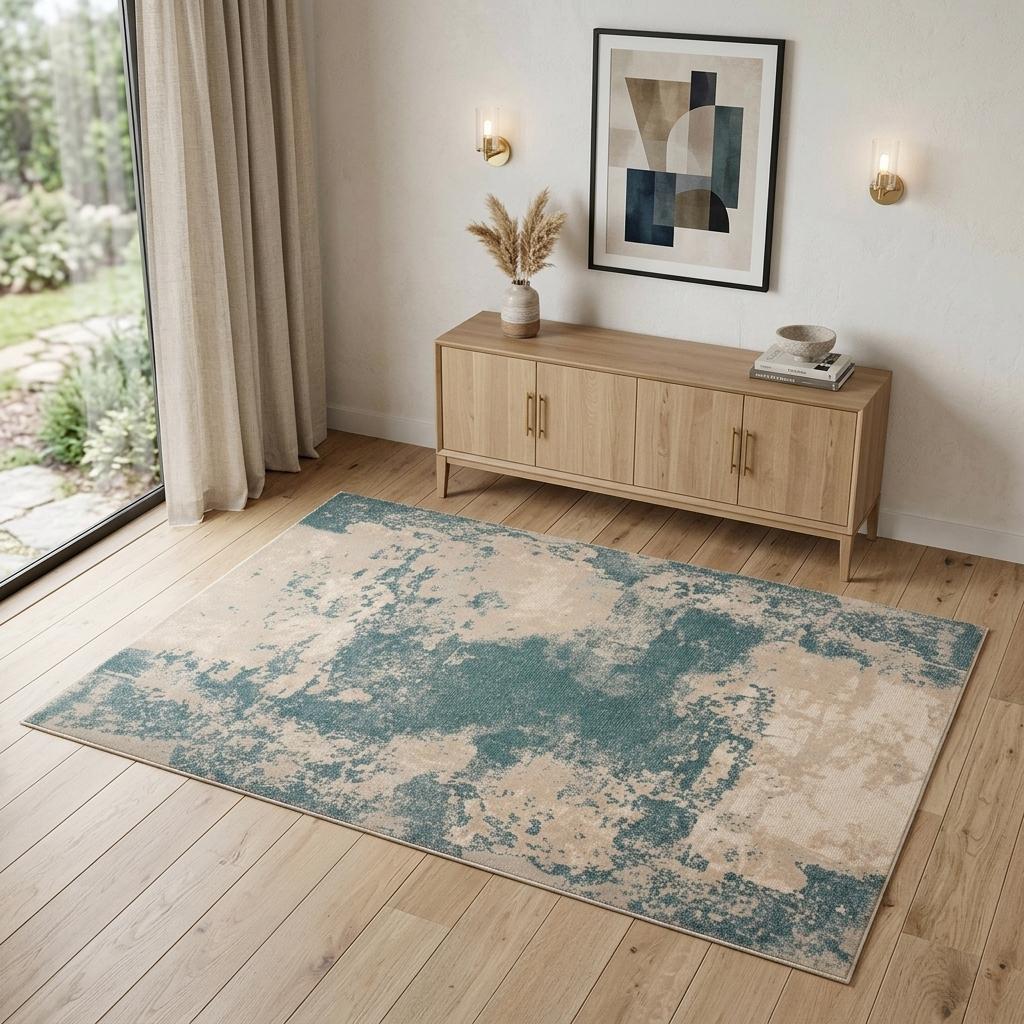 4' X 6' Ivory and Teal Blue Abstract Area Rug - Home & Garden