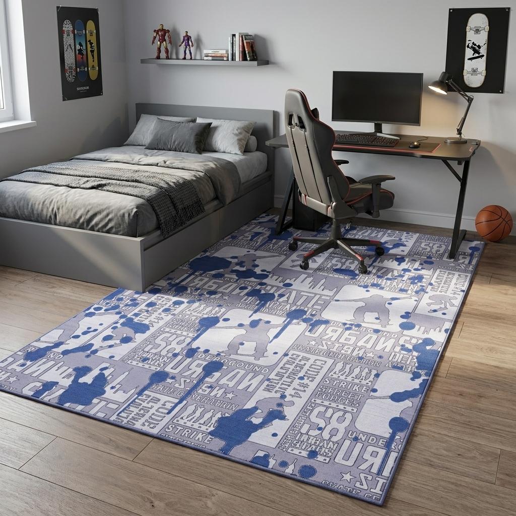 5' X 7' Blue And Gray Skateboard Youthful Washable Area Rug - Home & Garden