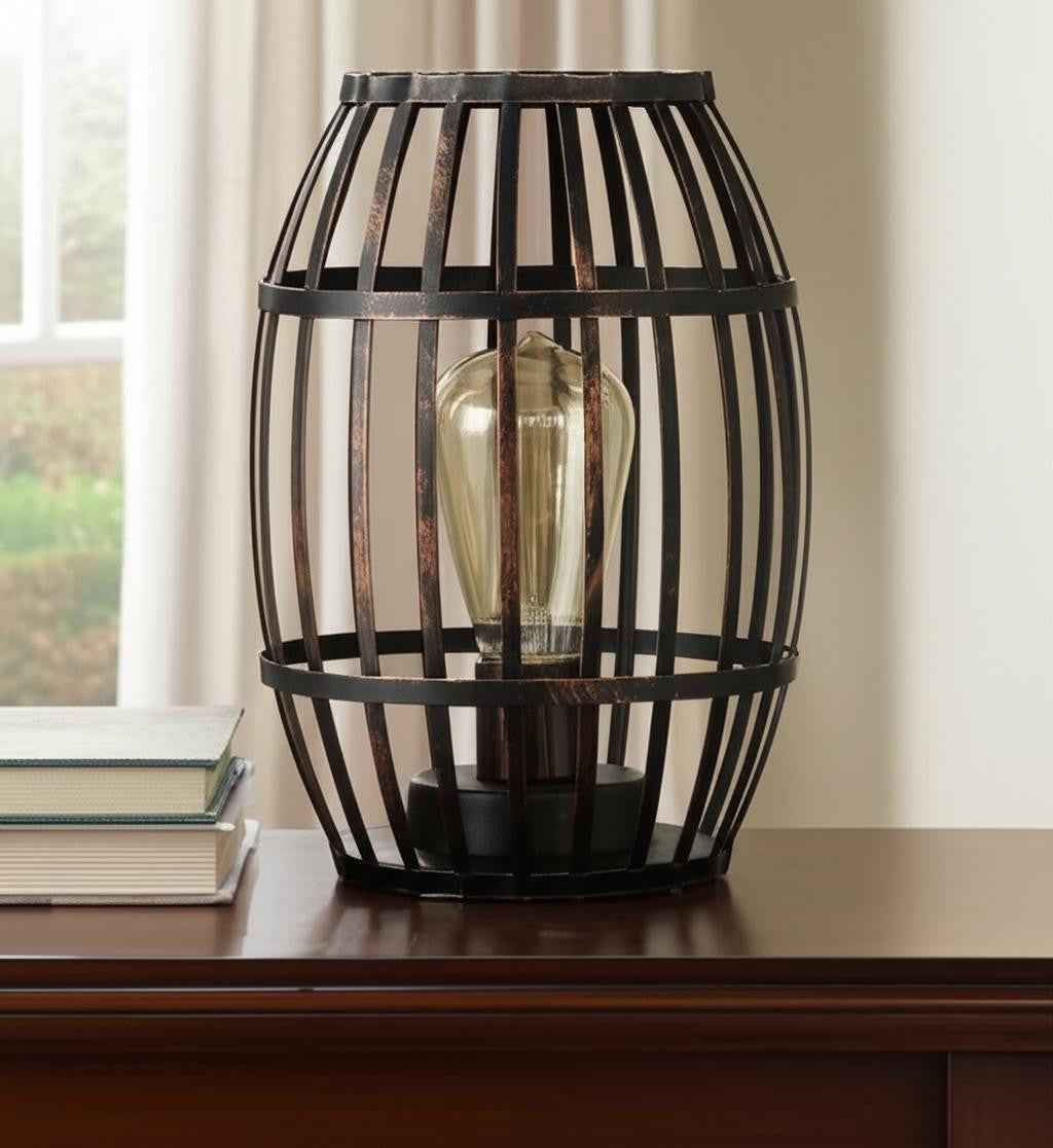 8" Black Battery Operated Novelty Bedside Lamp With Cage Shade