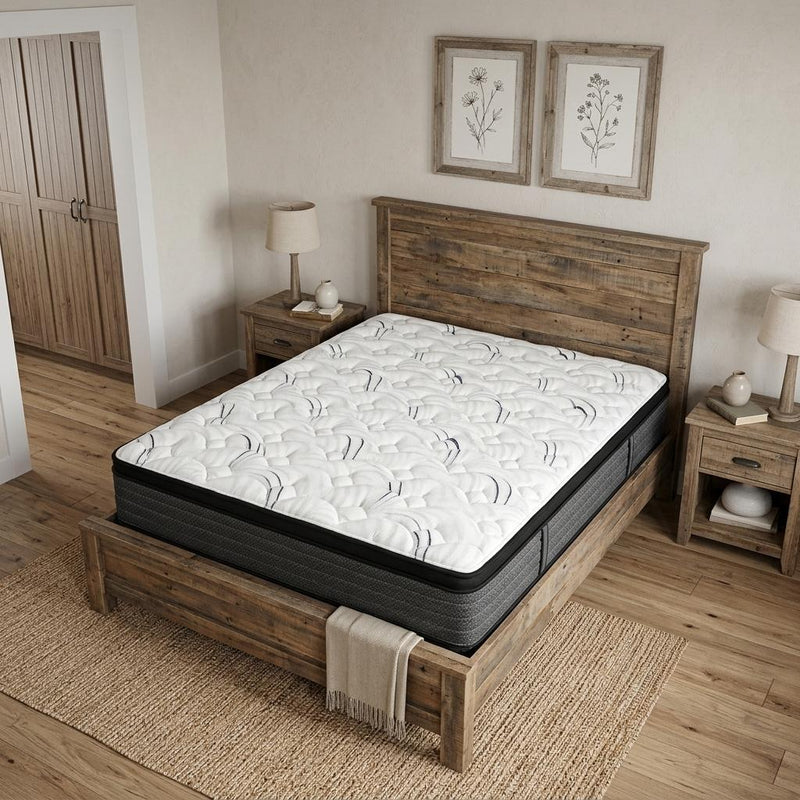 Plush euro top hybrid mattress on wooden bed frame, white quilted top and dark sides