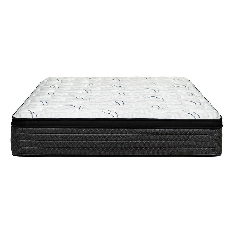 California king hybrid mattress with plush white quilted top and dark charcoal sides