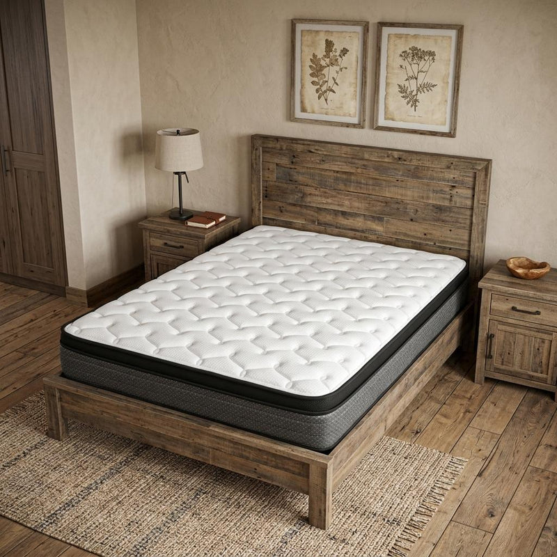 Medium euro top foam mattress on wooden bed frame, white quilted top and black sides