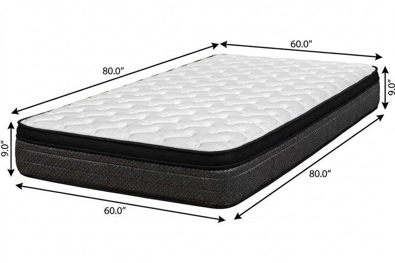 Medium euro top foam mattress with dimensions shown, white top and black edge