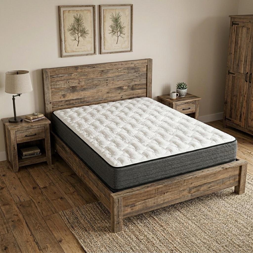 Modern gray and white mattress on rustic wood bed frame in airy bedroom with natural decor.