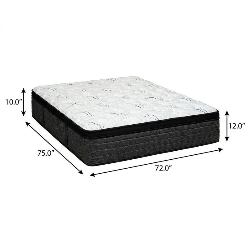Plush euro-top hybrid mattress with 72x75 size and 10-12" height dimensions.