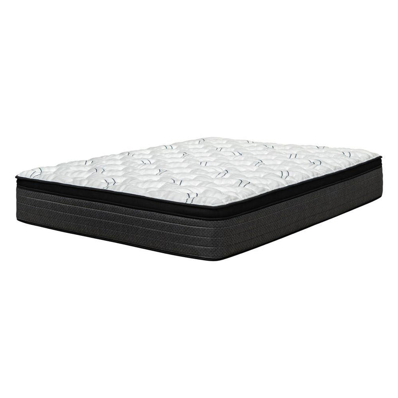 Plush euro-top hybrid mattress with white quilted top and dark charcoal encasement.