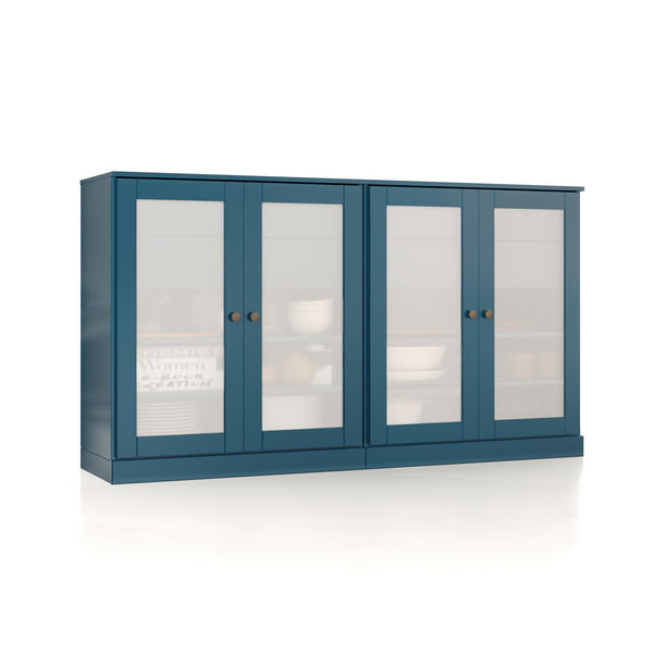 Teal blue wooden sideboard with four glass doors and round metal knobs