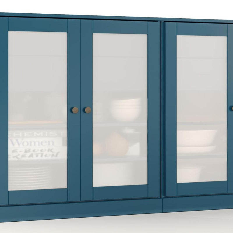 Teal blue sideboard with two center glass doors and round bronze knobs