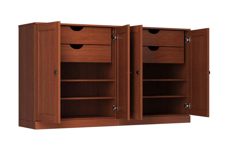 Coffee brown sideboard with open doors showing two shelves and four drawers with black pulls