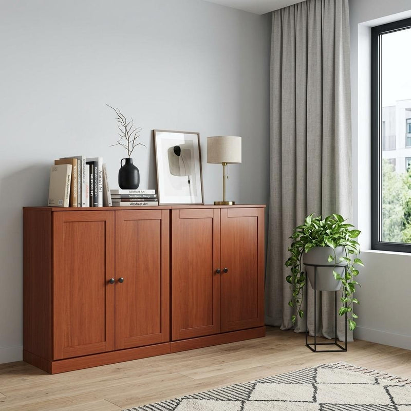 Coffee brown solid wood sideboard with four doors and round knobs, featuring panel fronts