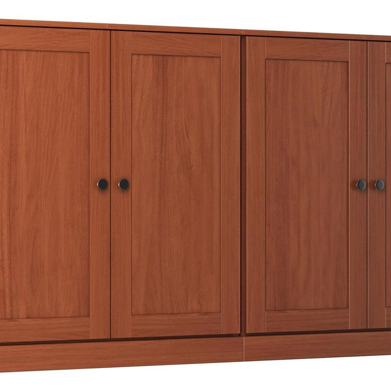 Coffee brown cabinet door front with two round knobs and recessed panel detailing