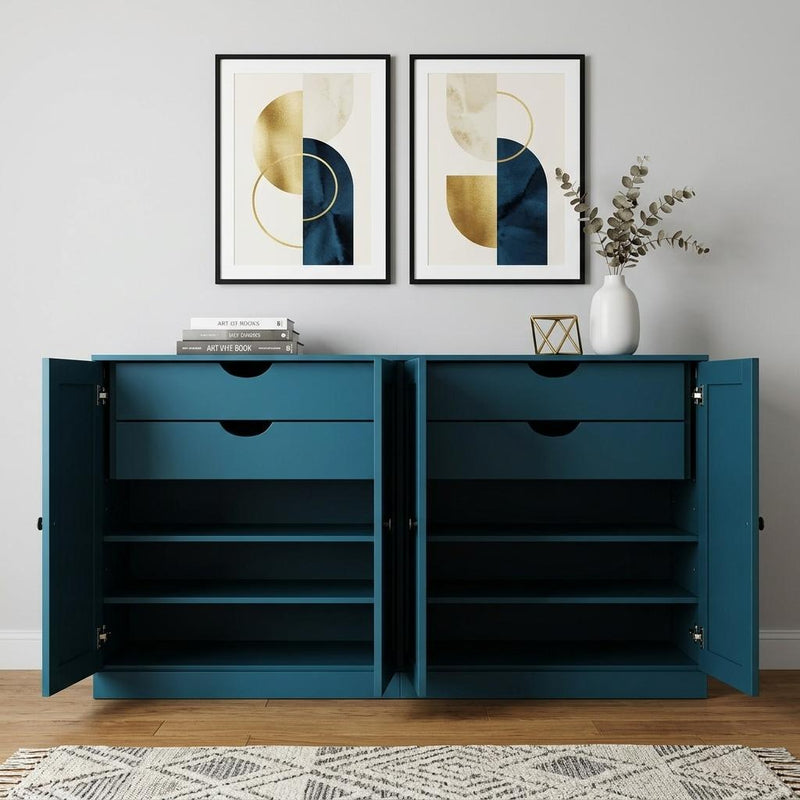 Teal blue sideboard cabinet with two doors open showing shelves and two drawers