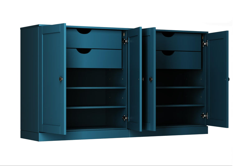 Teal blue sideboard cabinet with two doors open, showing interior shelves and drawer space