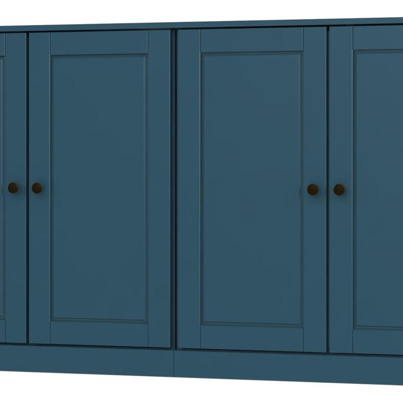 Teal blue cabinet doors on a wooden sideboard, with small round knobs