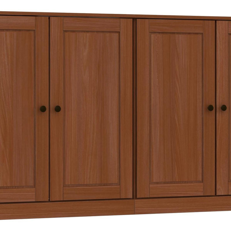 Wood sideboard cabinet doors with inset panels and round black knobs, warm brown