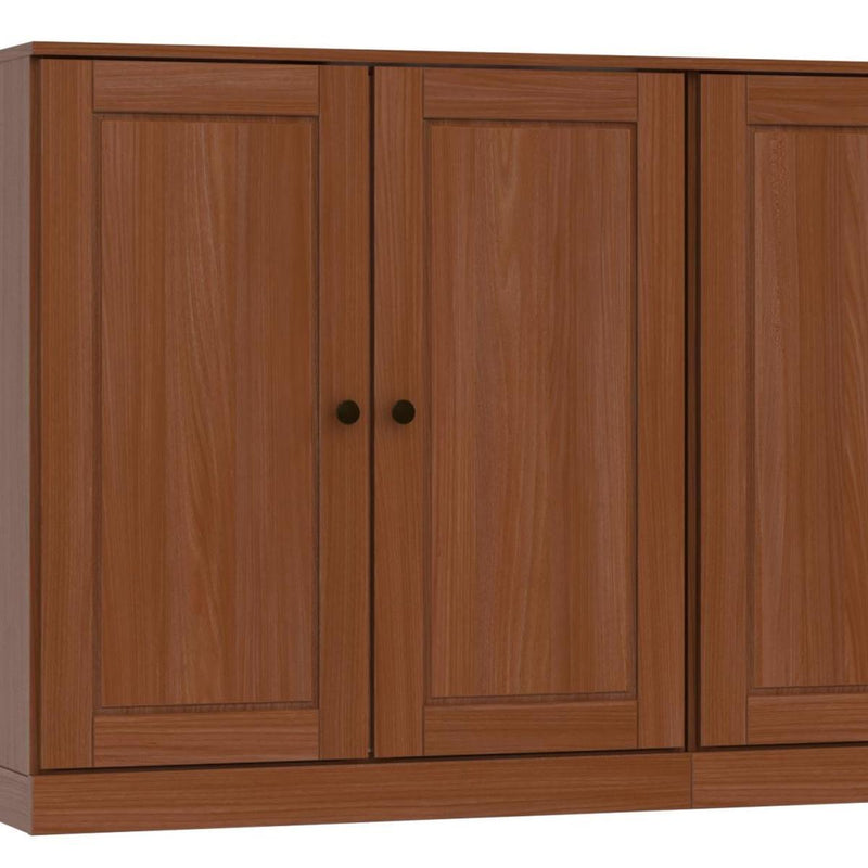 Wood sideboard center doors with inset panels and round black knobs, warm brown