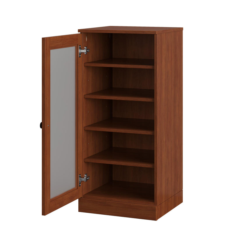 Wood shoe storage cabinet with door open, interior shelving for shoes