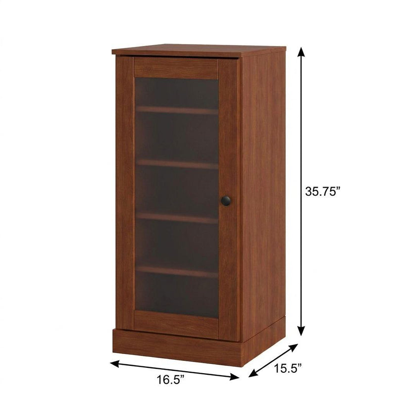 Wood shoe storage cabinet with frosted glass door, compact base and side profile