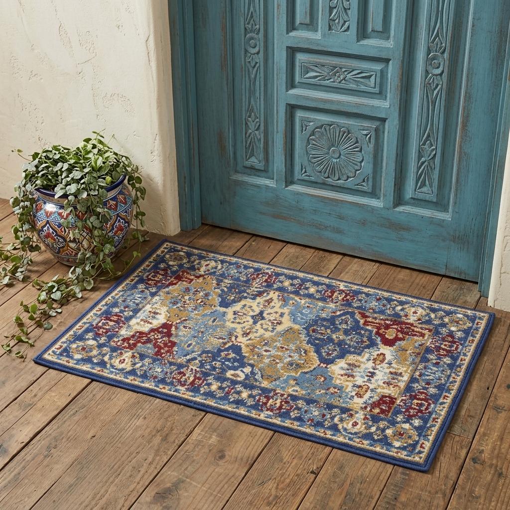 2' X 4' Red Blue And Light Brown Ogee Distressed Area Rug - Home & Garden