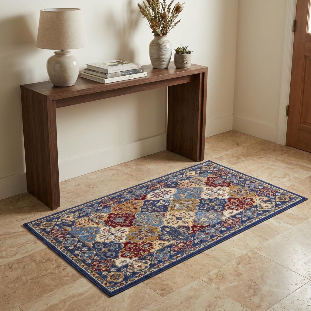 3' X 5' Red Blue and Light Brown Ogee Distressed Non Skid Area Rug - Home & Garden