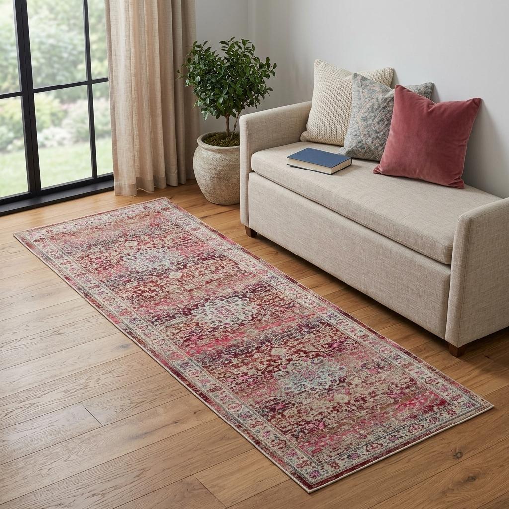 6' Ivory And Red Floral Distressed Runner Rug - Home & Garden