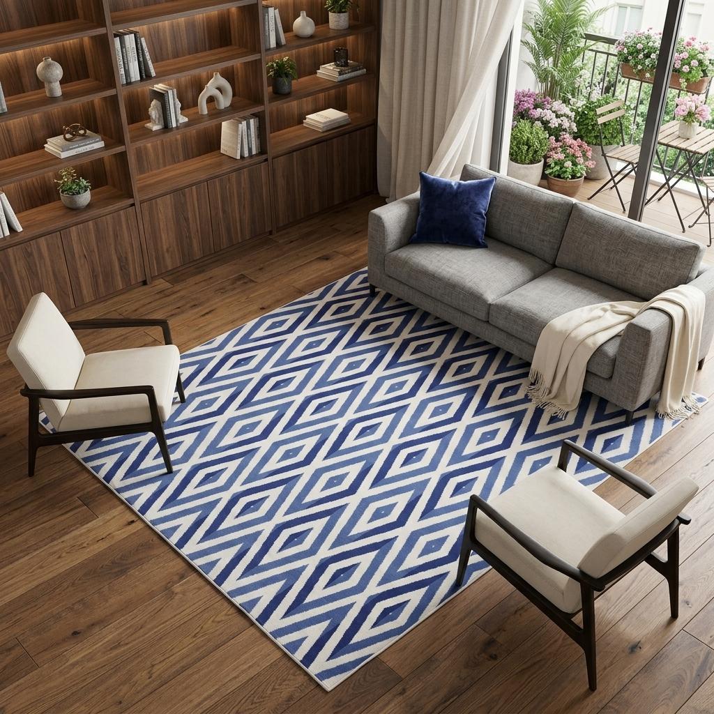 7' X 10' Ivory and Blue Geometric Distressed Non Skid Area Rug - Home & Garden