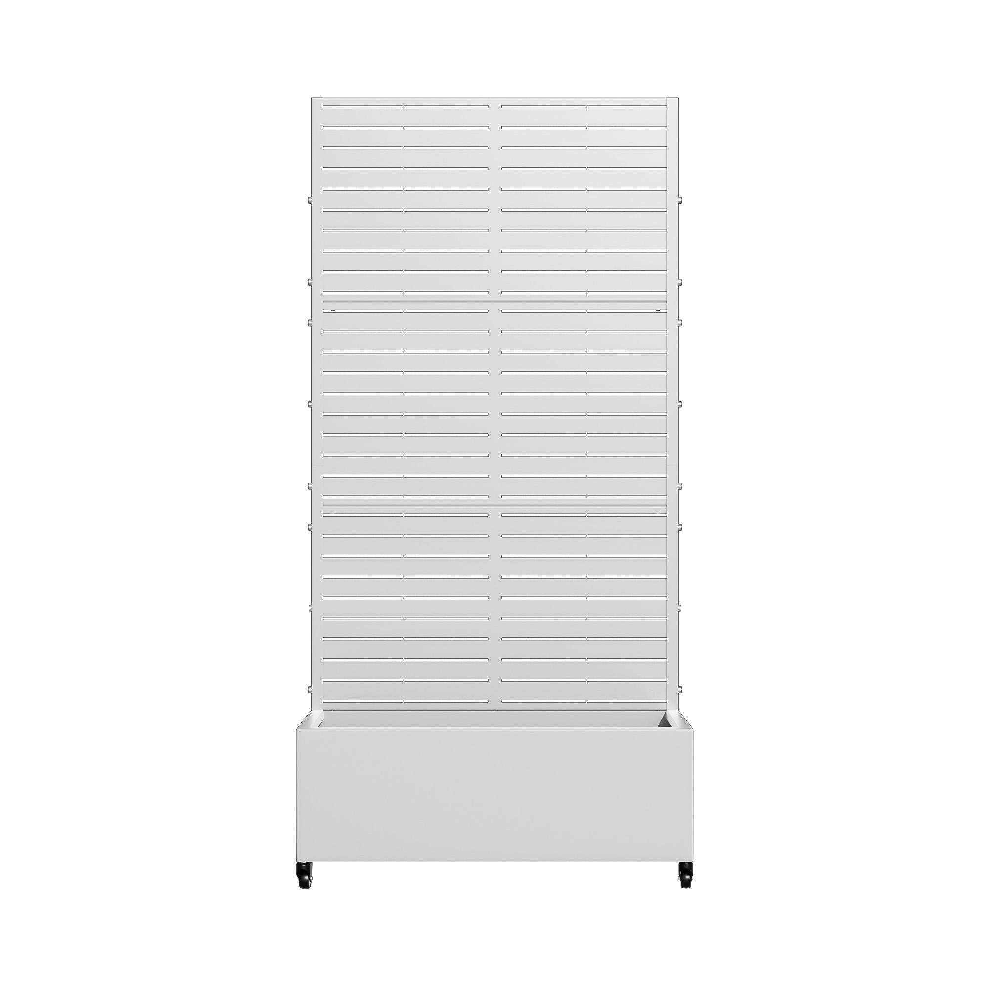 White galvanized metal planter box with horizontal slat back and wheeled base