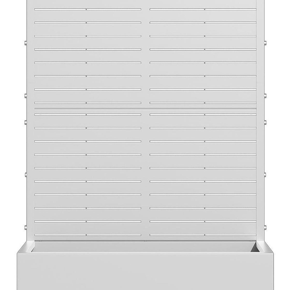 White striped galvanized metal planter box front panel with horizontal slats