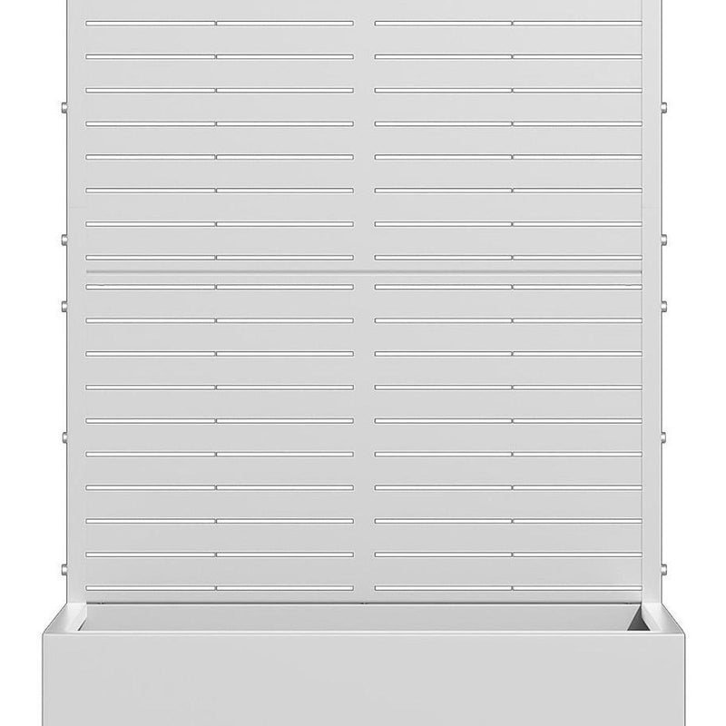White striped galvanized metal planter box front panel with horizontal slats