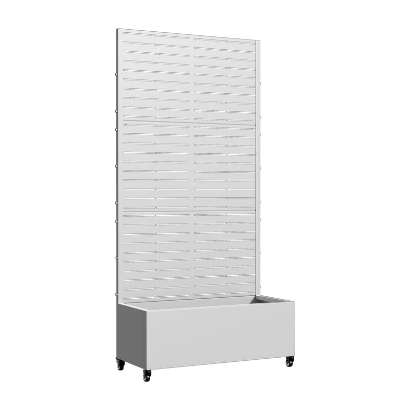 Galvanized metal planter box with white slatted back panel and bottom tray on wheels