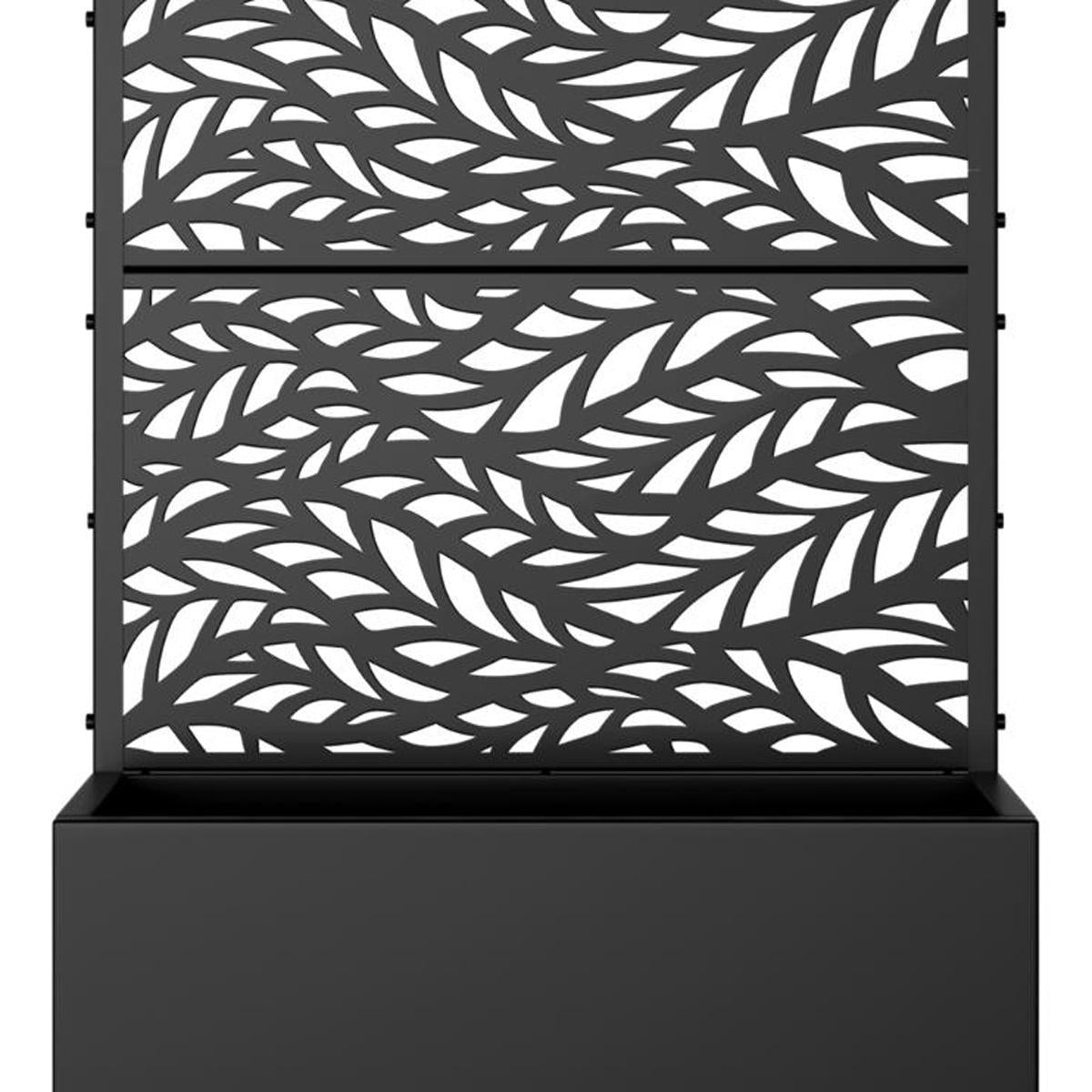 Black botanical cutout panel over rectangular planter box front