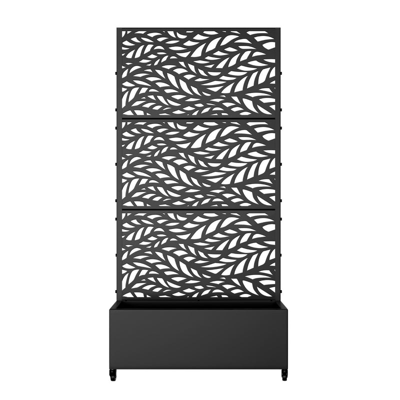 Black metal planter box with botanical leaf lattice front and base