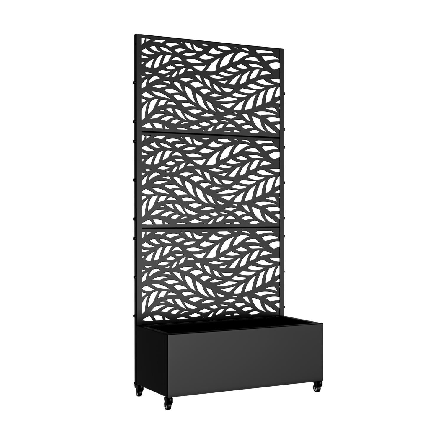 Black metal planter box with botanical leaf lattice back and raised base