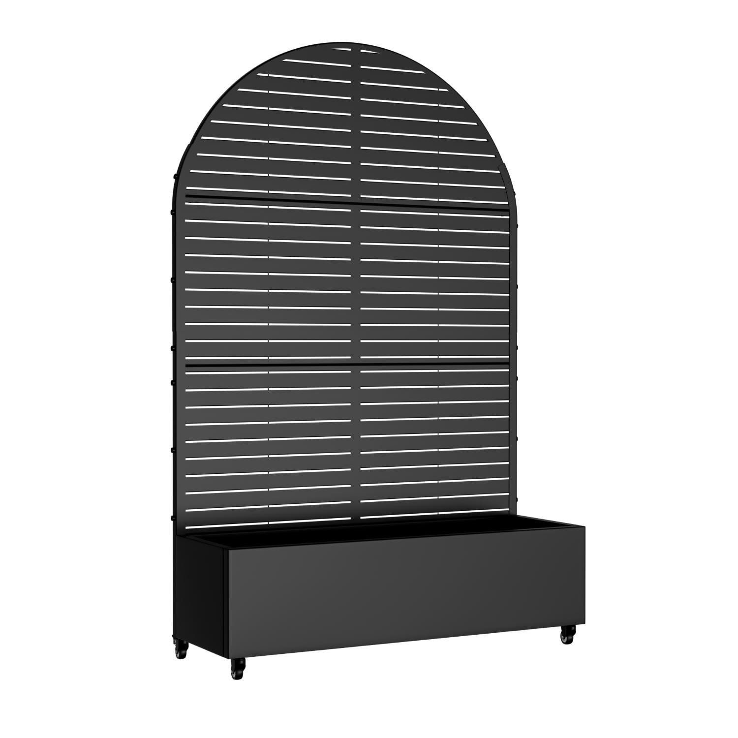Black oval galvanized metal planter box with horizontal stripes and raised base