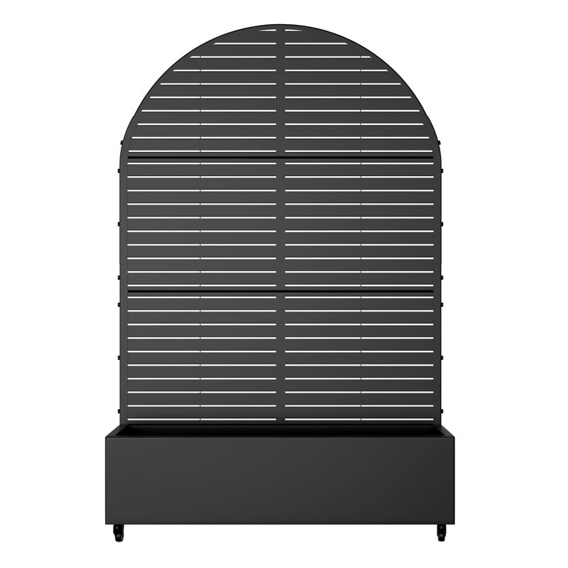 Black oval metal planter box with horizontal slats and pedestal base on wheels