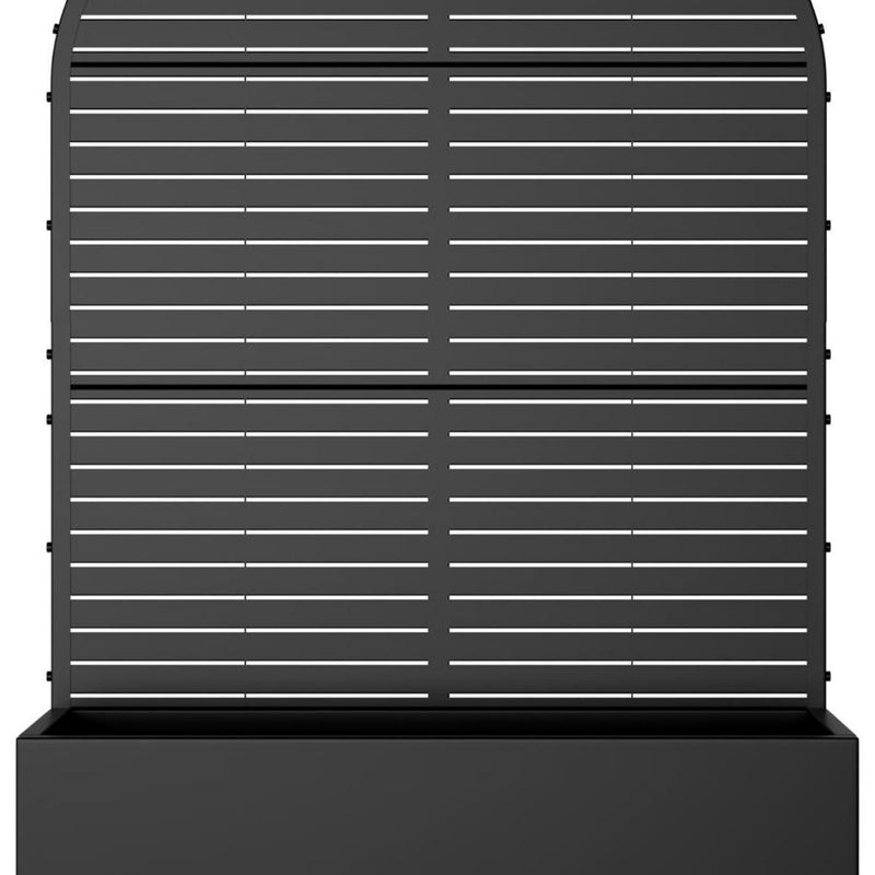 Black oval metal planter front panel with horizontal slat stripes and base