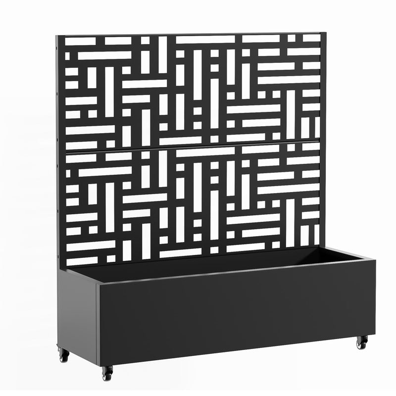 Black geometric metal planter box with open lattice panel and deep rectangular bed on casters