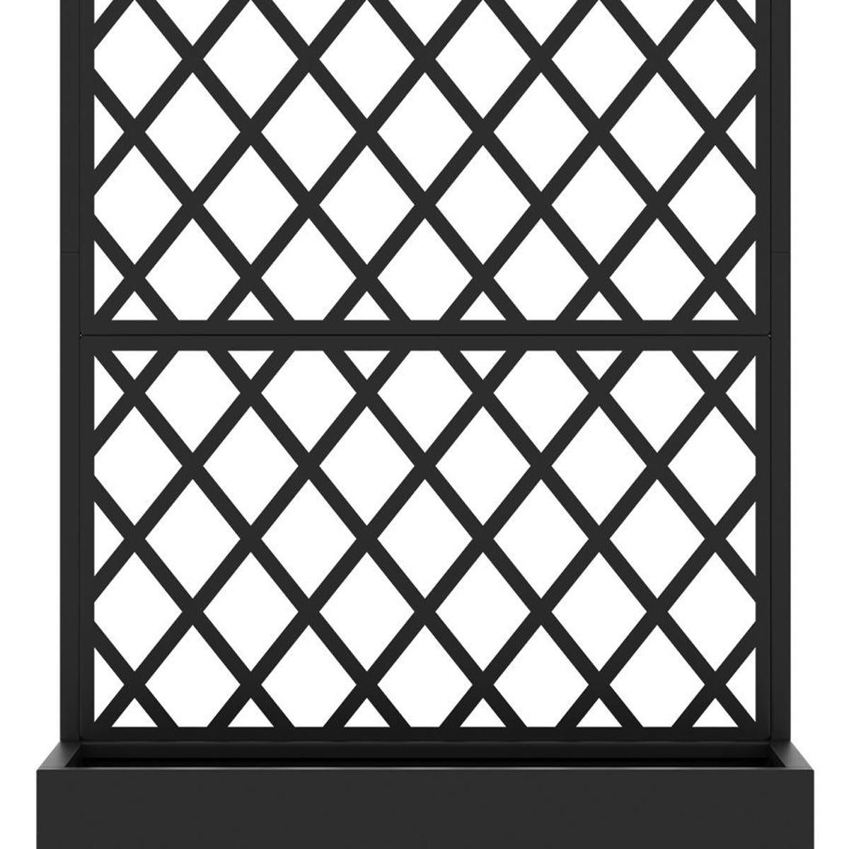 Black geometric metal planter box panel with diamond lattice pattern