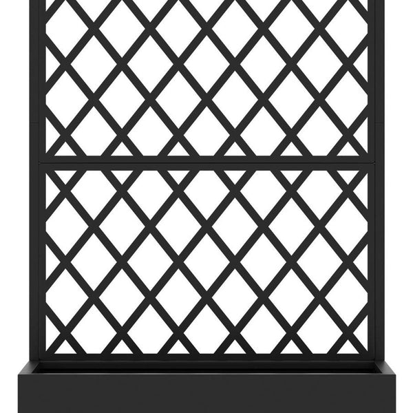Black geometric metal planter box panel with diamond lattice pattern