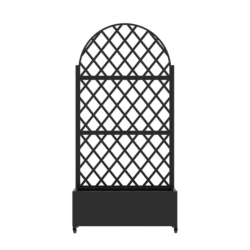 Black arched-top metal planter box with diamond lattice and base