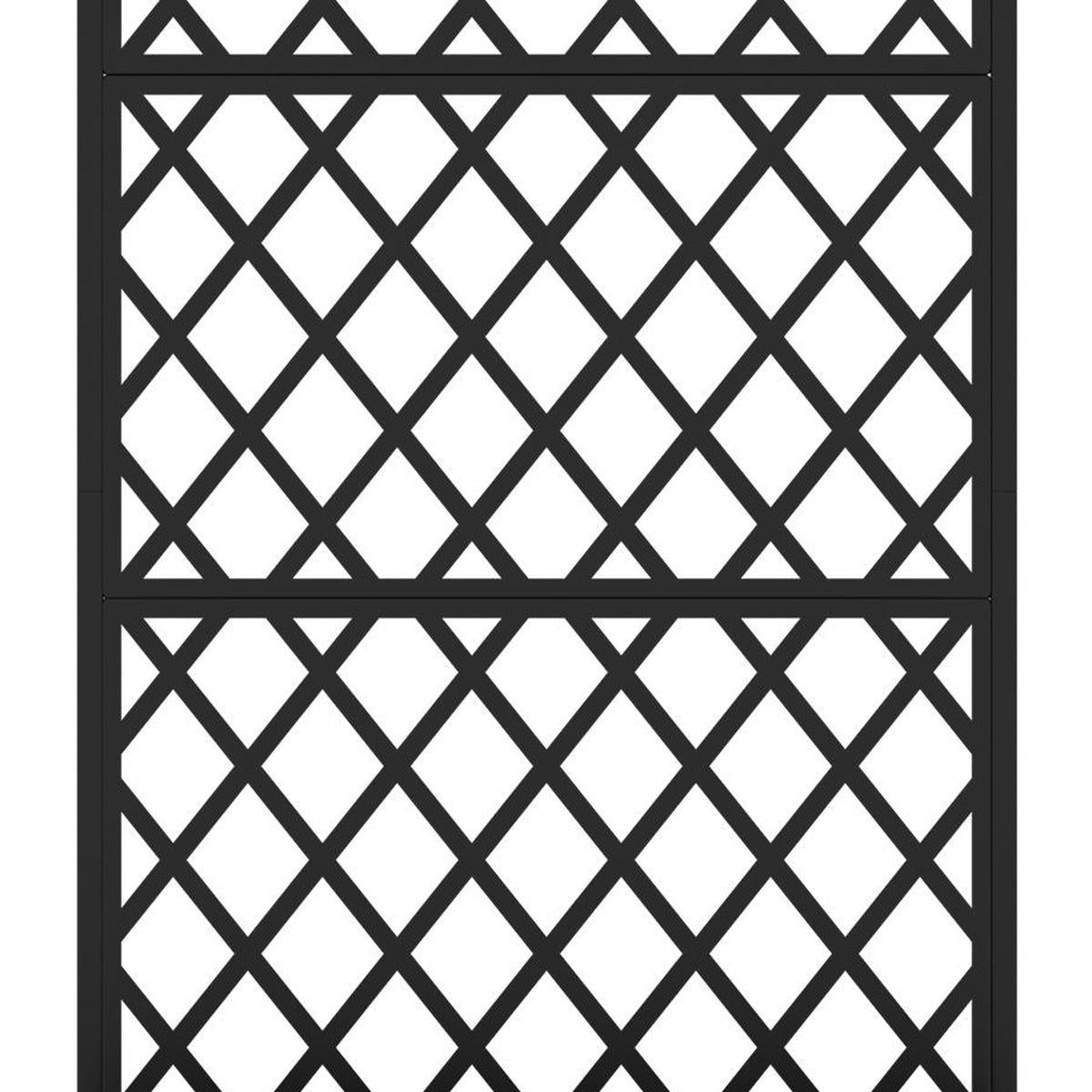Black metal planter box panel with repeating diamond lattice design