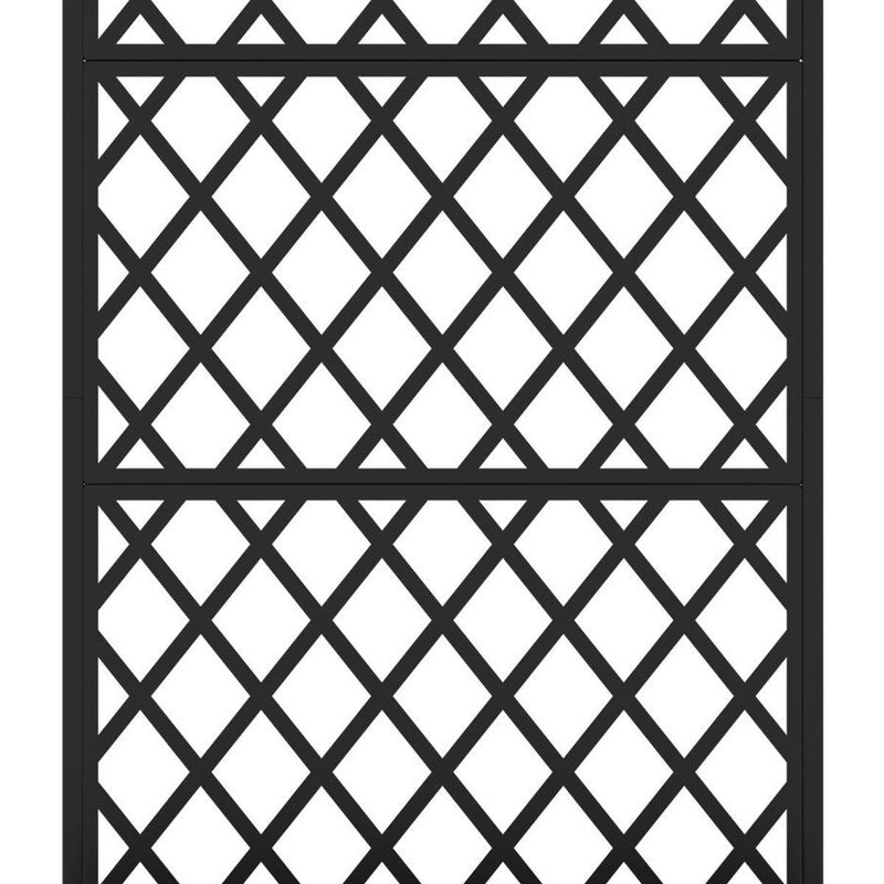 Black metal planter box panel with repeating diamond lattice design