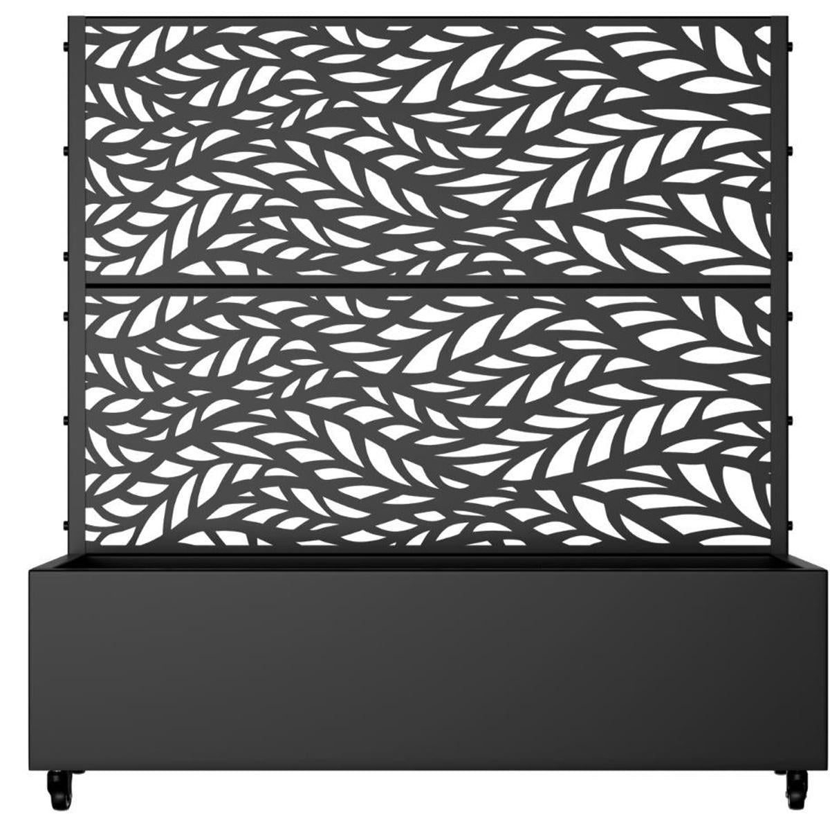 Black rectangular metal planter box with leaf-pattern screen and base with wheels
